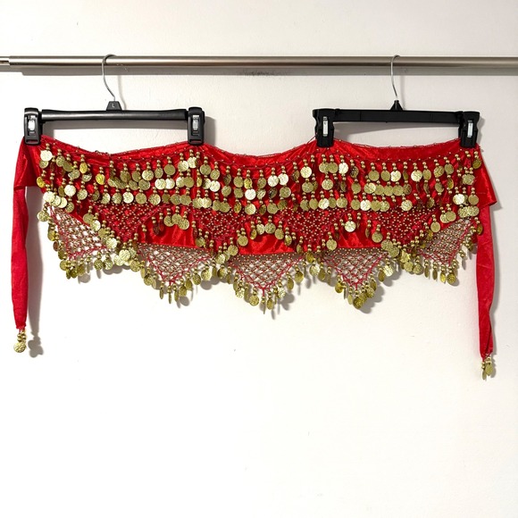 Unbranded Accessories - Red Gold Coin Belly Dance Hip Scarf Satin Crochet Mesh Wrap Belt Performance